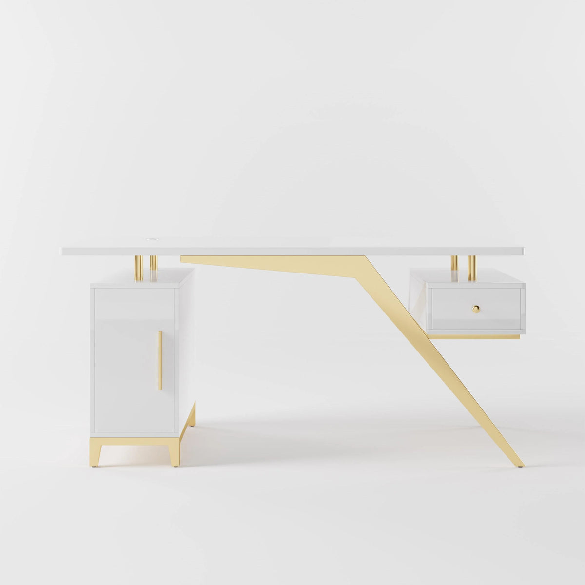 Birou 807 Alb, MDF lucios și picioare metal aurii, 160x70x75 cm / 180x70x75 cm