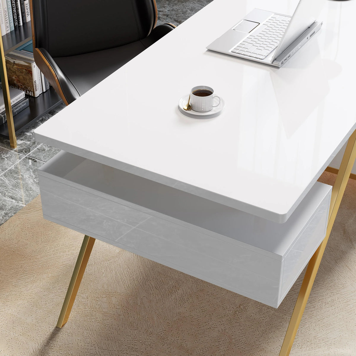 Birou 807 Alb, MDF lucios și picioare metal aurii, 160x70x75 cm / 180x70x75 cm