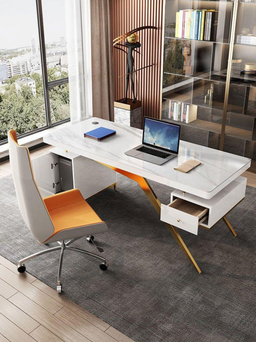 Birou 807 Alb, MDF lucios și picioare metal aurii, 160x70x75 cm / 180x70x75 cm