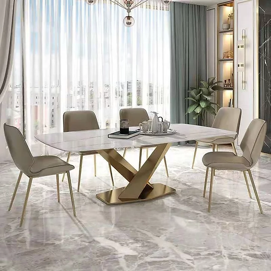 Masa 608 GD, blat alb mat din compozit de marmură, picioare metalice aurii, 180x90 cm