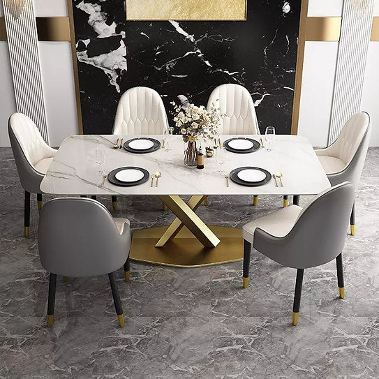 Masa 608 GD, blat alb mat din compozit de marmură, picioare metalice aurii, 180x90 cm