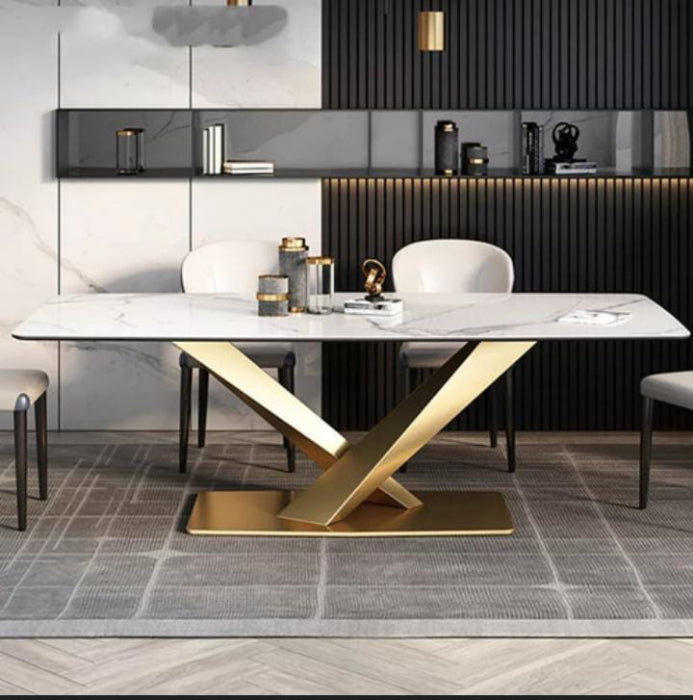 Masa 608 GD, blat alb mat din compozit de marmură, picioare metalice aurii, 180x90 cm