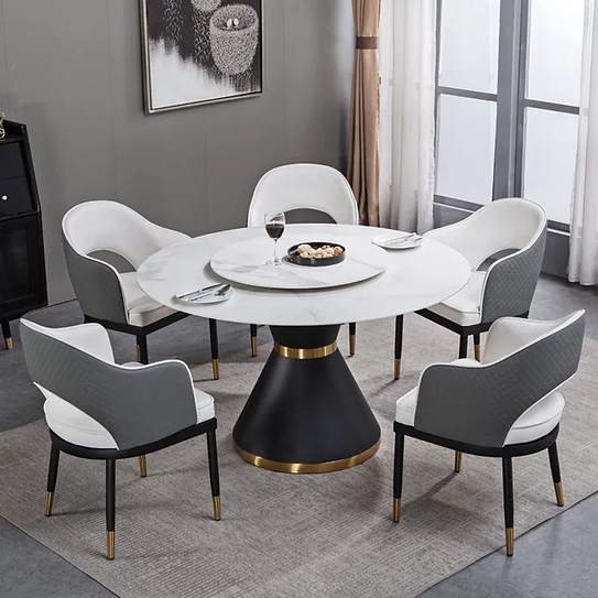 Masa 615 BK, blat rotund marmură, picior metal negru cu accente aurii, 135/80 cm
