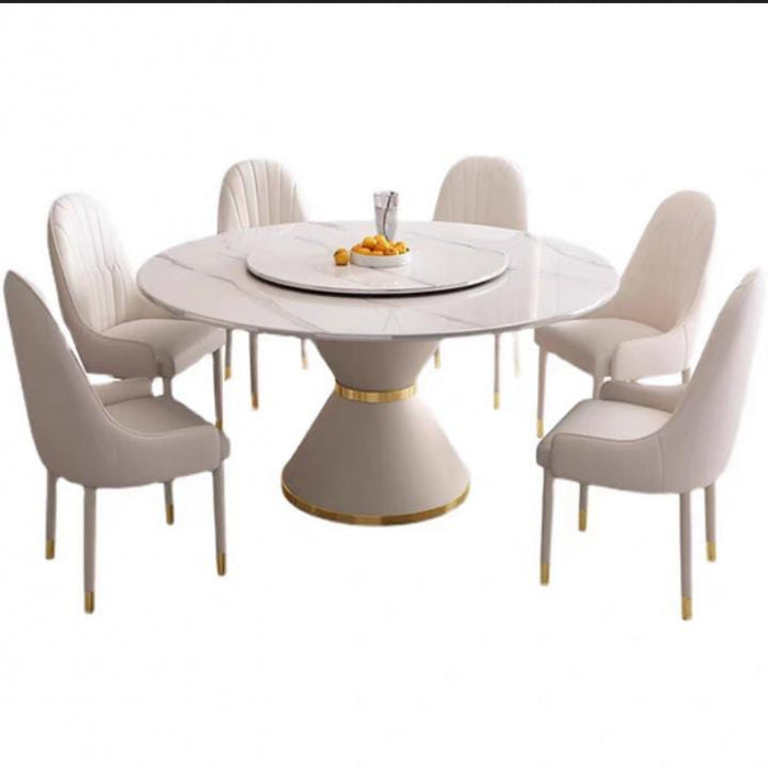 Masa 615 WH, blat rotund marmură, picior metal alb cu accente aurii, 135/80 cm