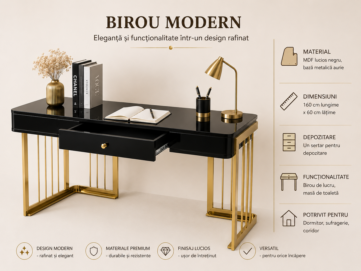 Masă 805, birou MDF lucios negru cu bază metal auriu și sertar, 160x60 cm