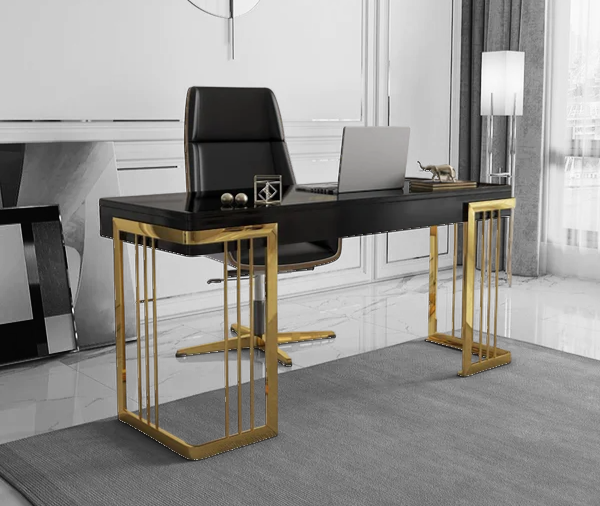 Masă 805, birou MDF lucios negru cu bază metal auriu și sertar, 160x60 cm