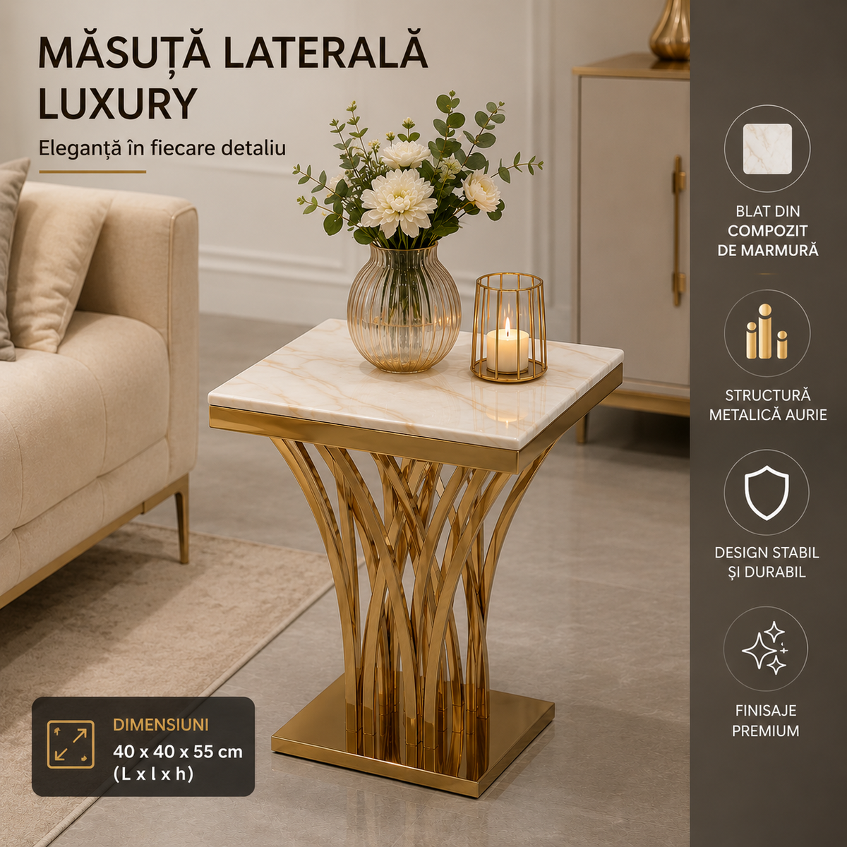 Masă decorativă 106 aurie cu blat compozit marmură crem 40x40x55 cm