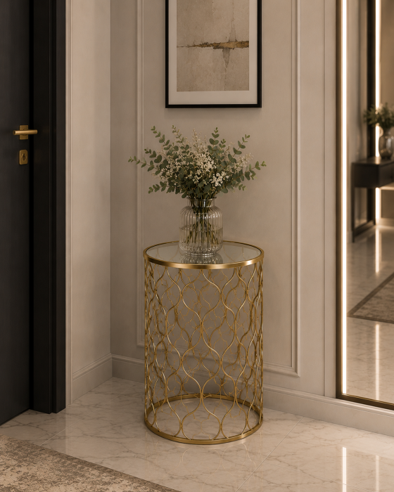 Masă decorativă 60631, aurie lucioasă cu blat oglindă, rotundă, L/M/S