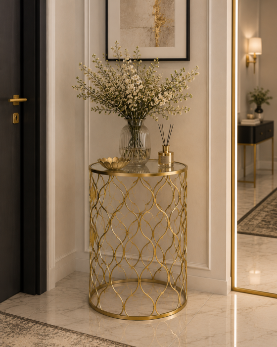 Masă decorativă 60631, aurie lucioasă cu blat oglindă, rotundă, L/M/S