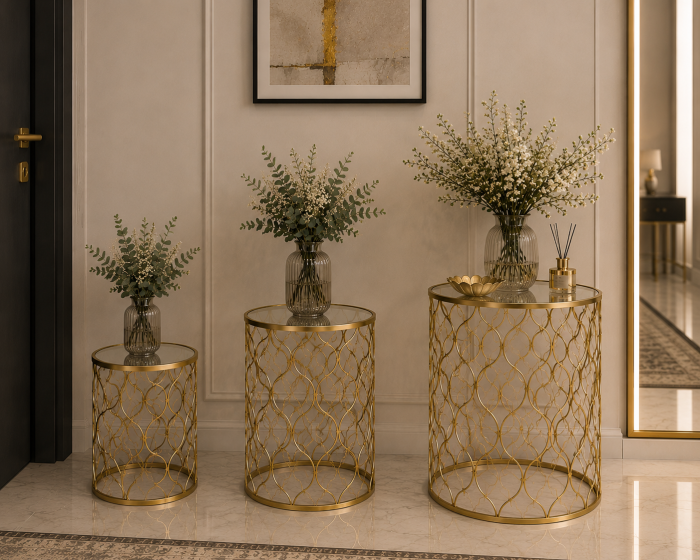 Masă decorativă 60631, aurie lucioasă cu blat oglindă, rotundă, L/M/S