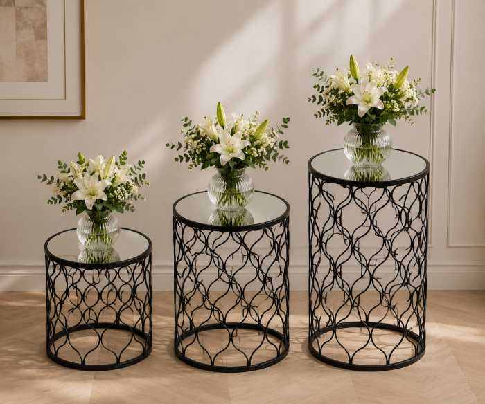 Masă decorativă 60631, negru mat cu blat oglindă, rotundă, L/M/S