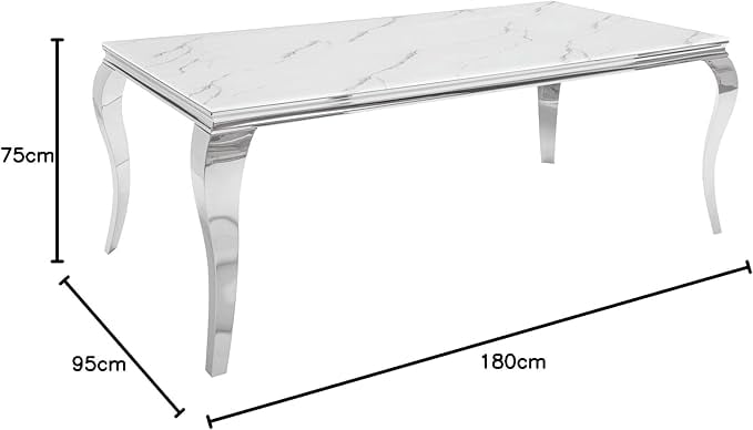 Masă dining 80199 crom argintiu cu blat din marmură albă, stil baroc modern, 180 x 90 cm