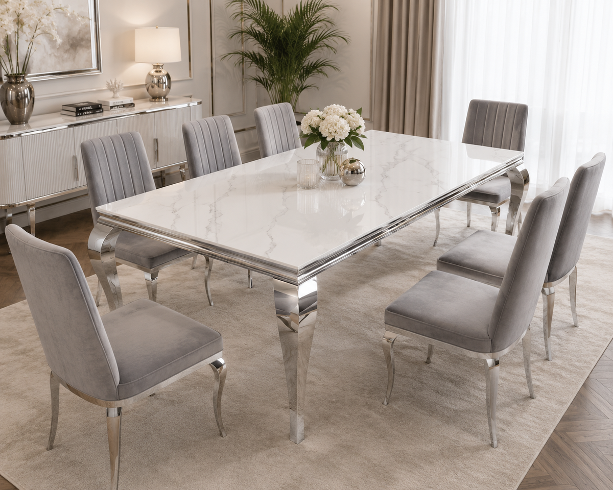 Masă dining 80199 crom argintiu cu blat din marmură albă, stil baroc modern, 180 x 90 cm
