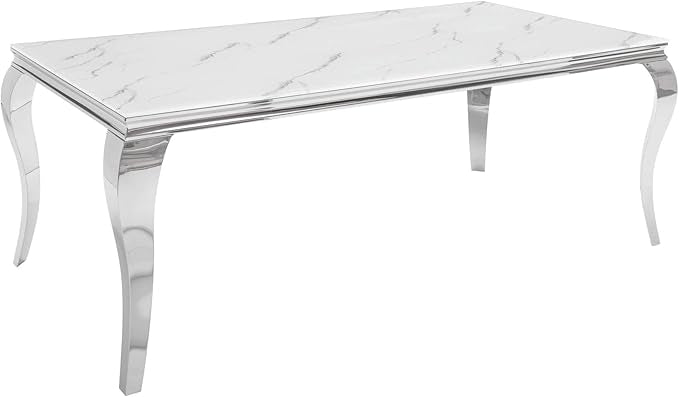 Masă dining 80199 crom argintiu cu blat din marmură albă, stil baroc modern, 180 x 90 cm