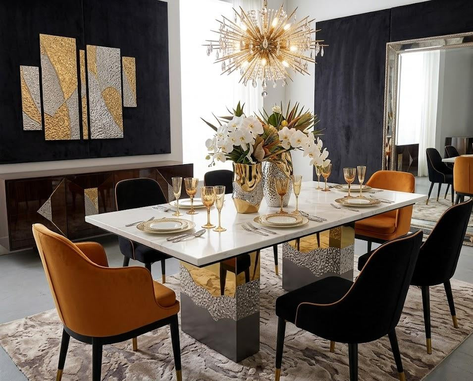 Masă dining modernă 180x90 cu blat marmorat și bază artistică tricoloră