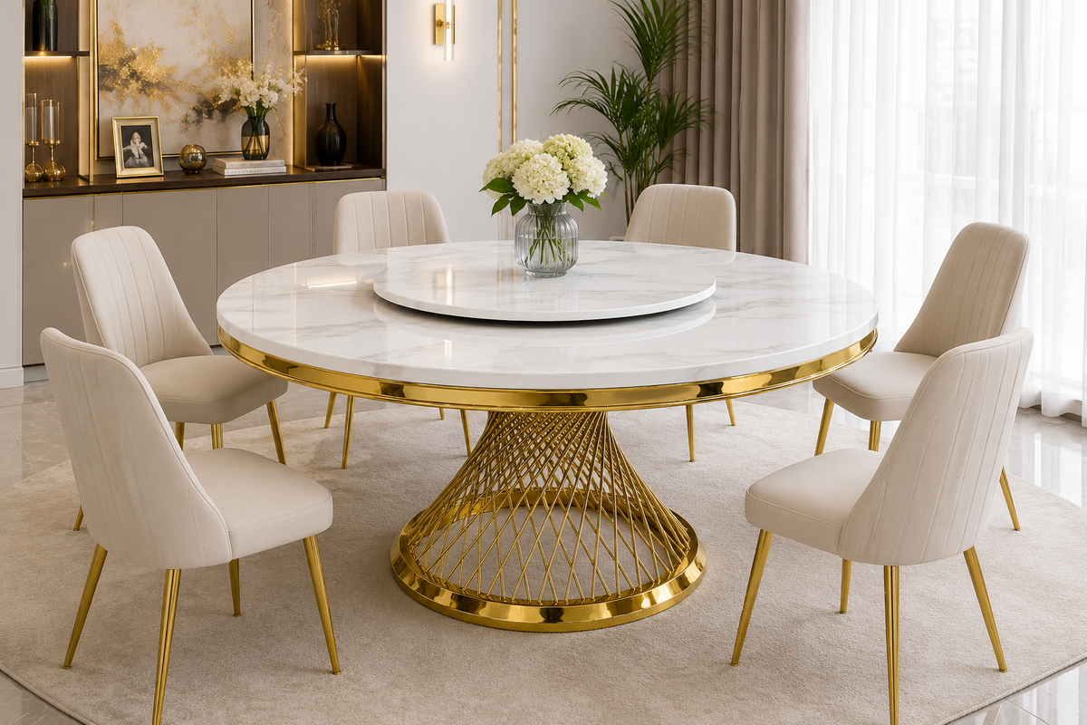 Masă Dining Rotundă A617 RD cu Blat Rotativ și Marmură Albă, Ø130/150/180 cm