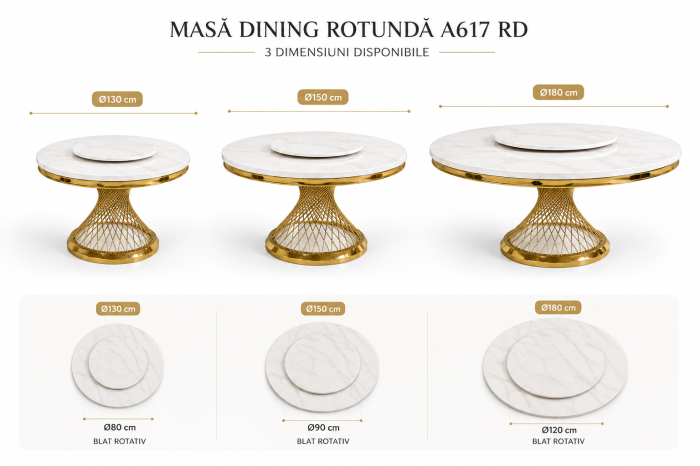 Masă Dining Rotundă A617 RD cu Blat Rotativ și Marmură Albă, Ø130/150/180 cm