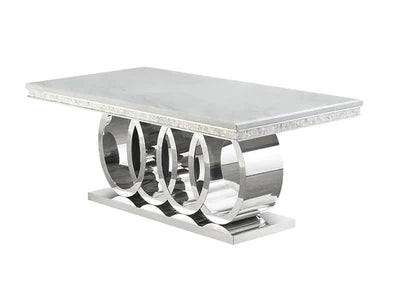 Masă F007 CH pentru sufragerie, blat marmură și bază metal argintiu, 200x100 cm / 280x120 cm