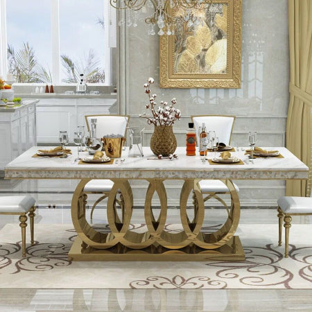 Masă dining F007 GD blat marmură și bază metal auriu, design rectangular elegant, 280x120 cm / 200x100 cm