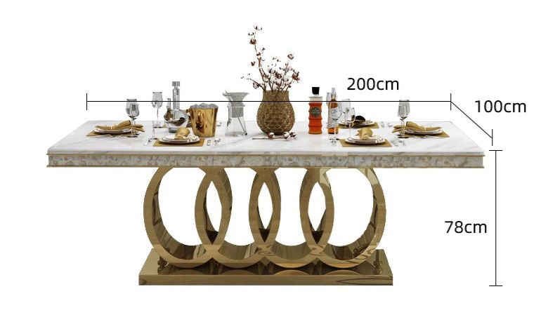 Masă dining F007 GD blat marmură și bază metal auriu, design rectangular elegant, 280x120 cm / 200x100 cm