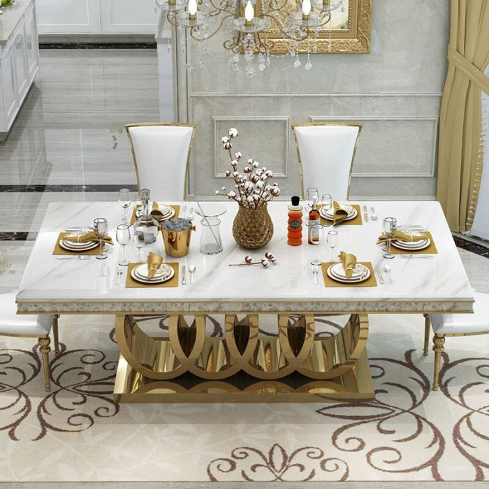 Masă dining F007 GD blat marmură și bază metal auriu, design rectangular elegant, 280x120 cm / 200x100 cm