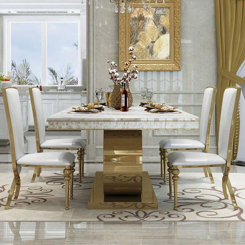 Masă dining F007 GD blat marmură și bază metal auriu, design rectangular elegant, 280x120 cm / 200x100 cm