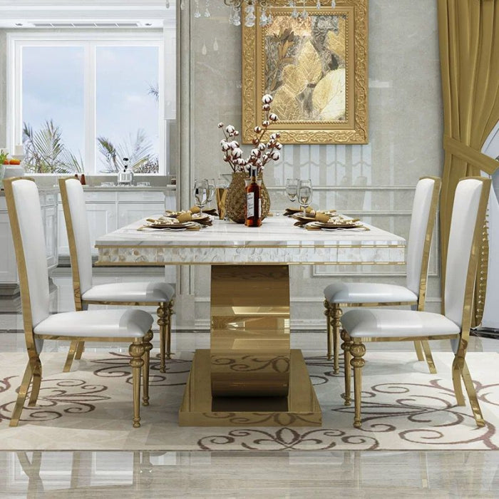Masă dining F007 GD blat marmură și bază metal auriu, design rectangular elegant, 280x120 cm / 200x100 cm