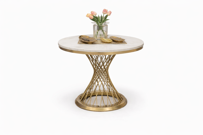 Masă rotundă model 109, metal auriu cu blat marmură compozit, bază decorativă, diametru 80 cm, înălțime 73 cm
