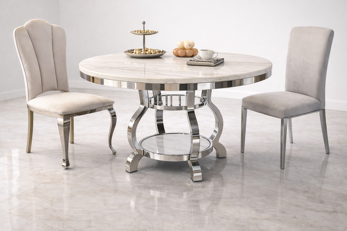 Masă rotundă RD150+80 CH/GD design elegant cu blat marmură și bază decorativă