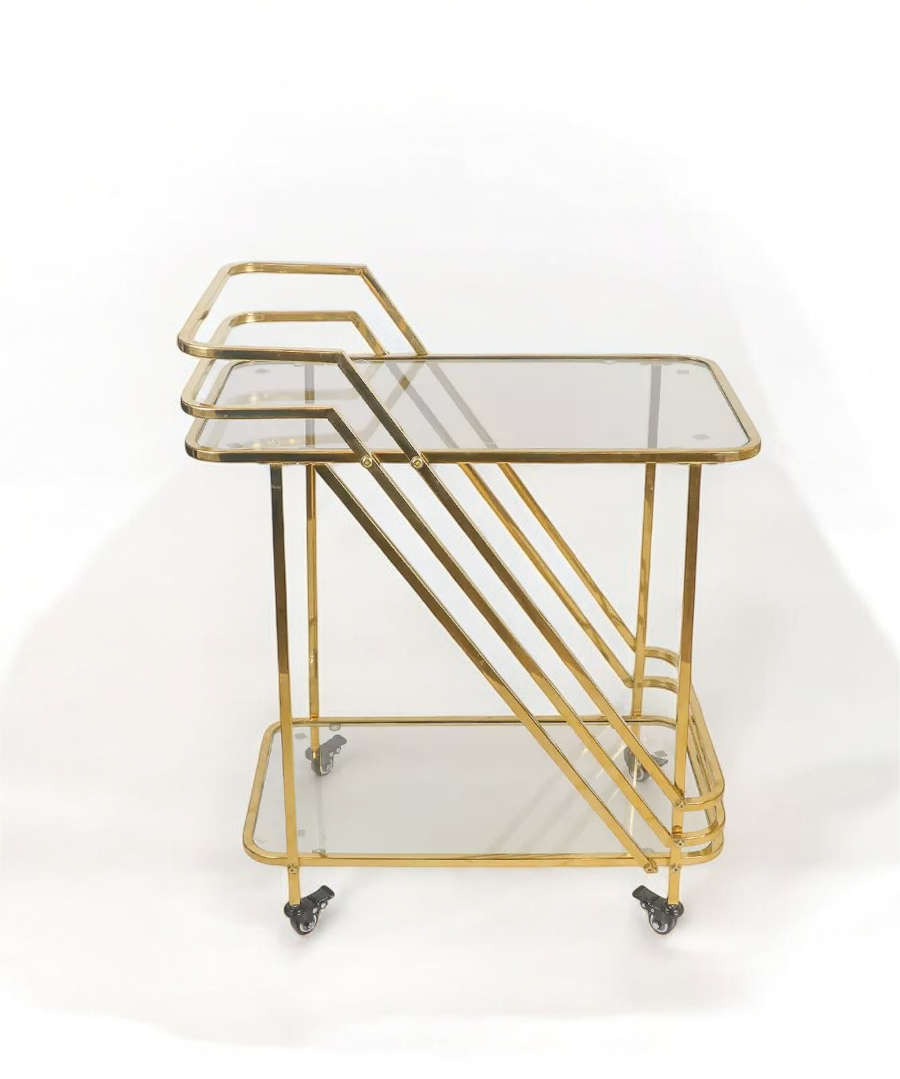 Cărucior de servire 1014, metal auriu, sticlă transparentă, 2 rafturi, H83xL70x40 cm