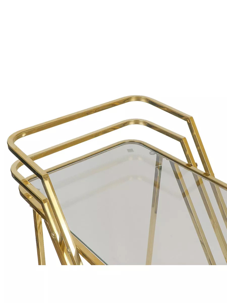 Cărucior de servire 1014, metal auriu, sticlă transparentă, 2 rafturi, H83xL70x40 cm