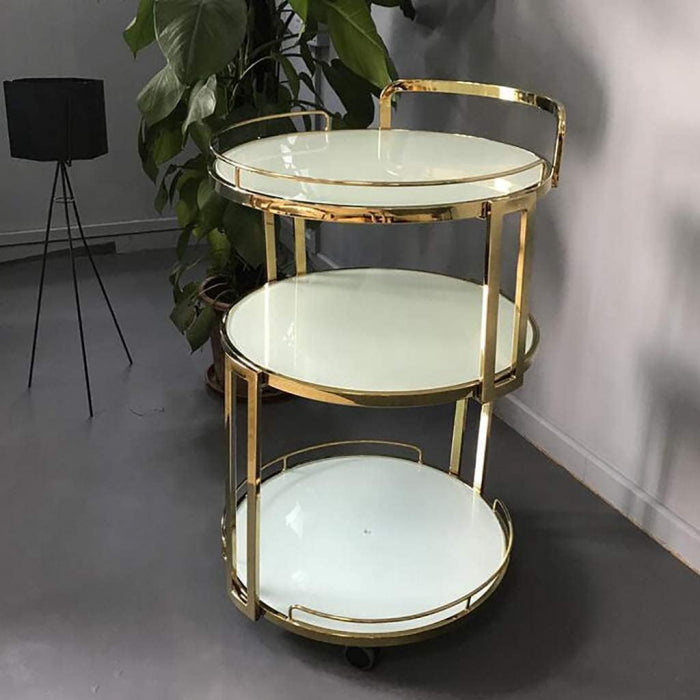 Cărucior de servire 107, metal auriu, blaturi marmură, 3 rafturi, H91xØ45 cm