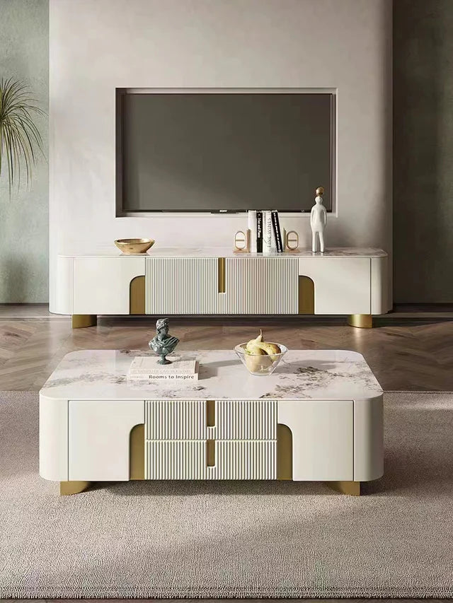 Măsuță cafea 2088 MDF bej cu accente aurii, blat piatră sinterizată, dreptunghiulară, 130 cm
