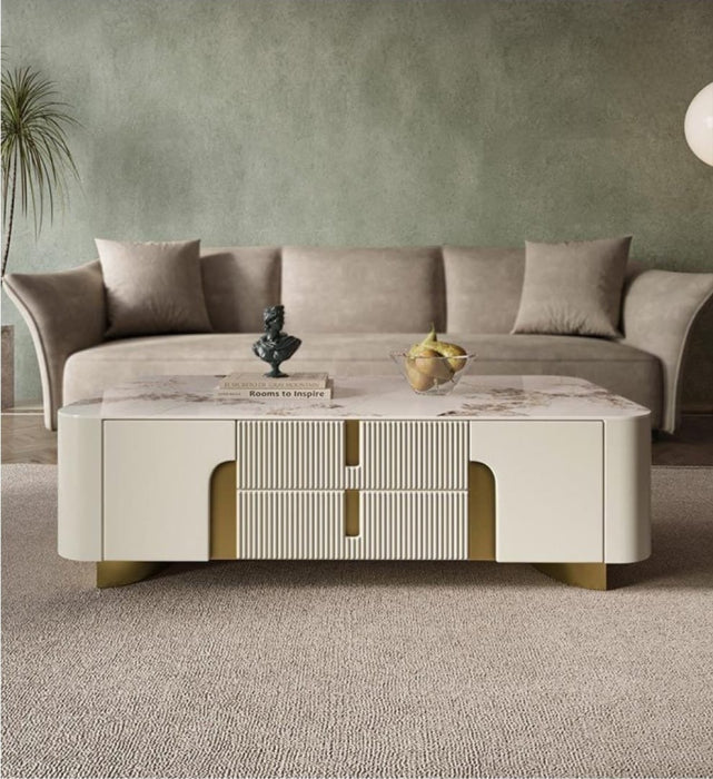 Măsuță cafea 2088 MDF bej cu accente aurii, blat piatră sinterizată, dreptunghiulară, 130 cm