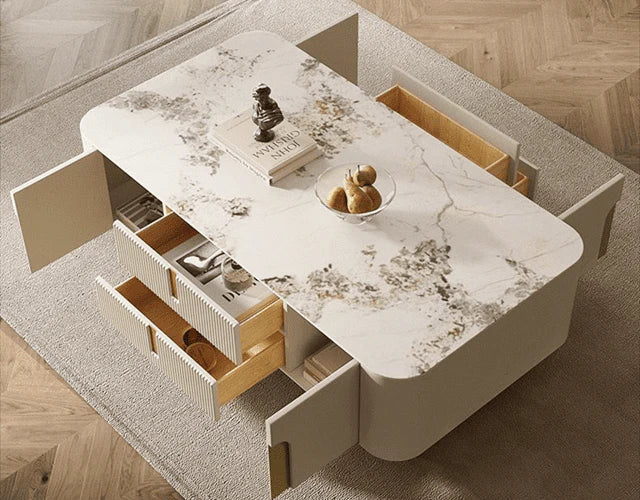 Măsuță cafea 2088 MDF bej cu accente aurii, blat piatră sinterizată, dreptunghiulară, 130 cm