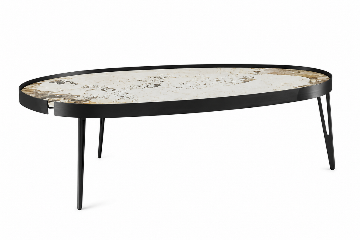 Masuta cafea 853 L BK, blat piatră sinterizată, bază metal negru, formă ovală 110x70 cm