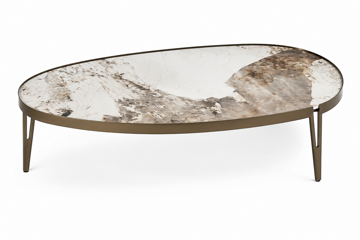 Masuta cafea 853 L GD, blat piatră sinterizată, bază metal auriu, formă ovală 110x70 cm