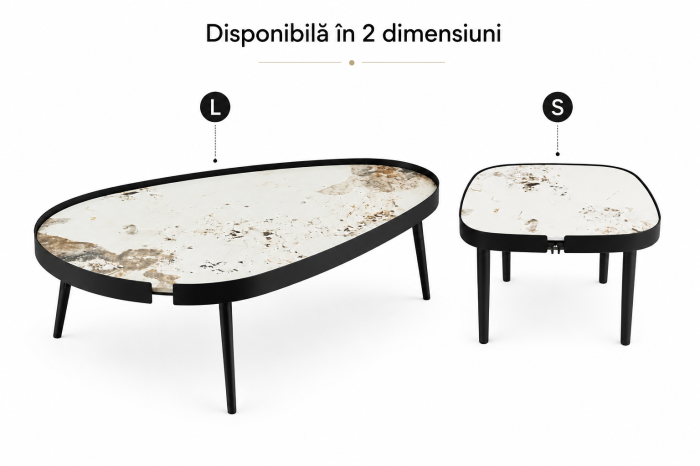 Masuta cafea 853 S BK, blat piatră sinterizată, bază metal negru, 56x56 cm