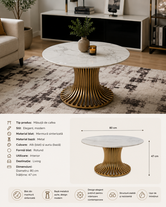 Masuta cafea DG50 GD, metal și compozit marmură auriu, rotundă, 80 cm diametru