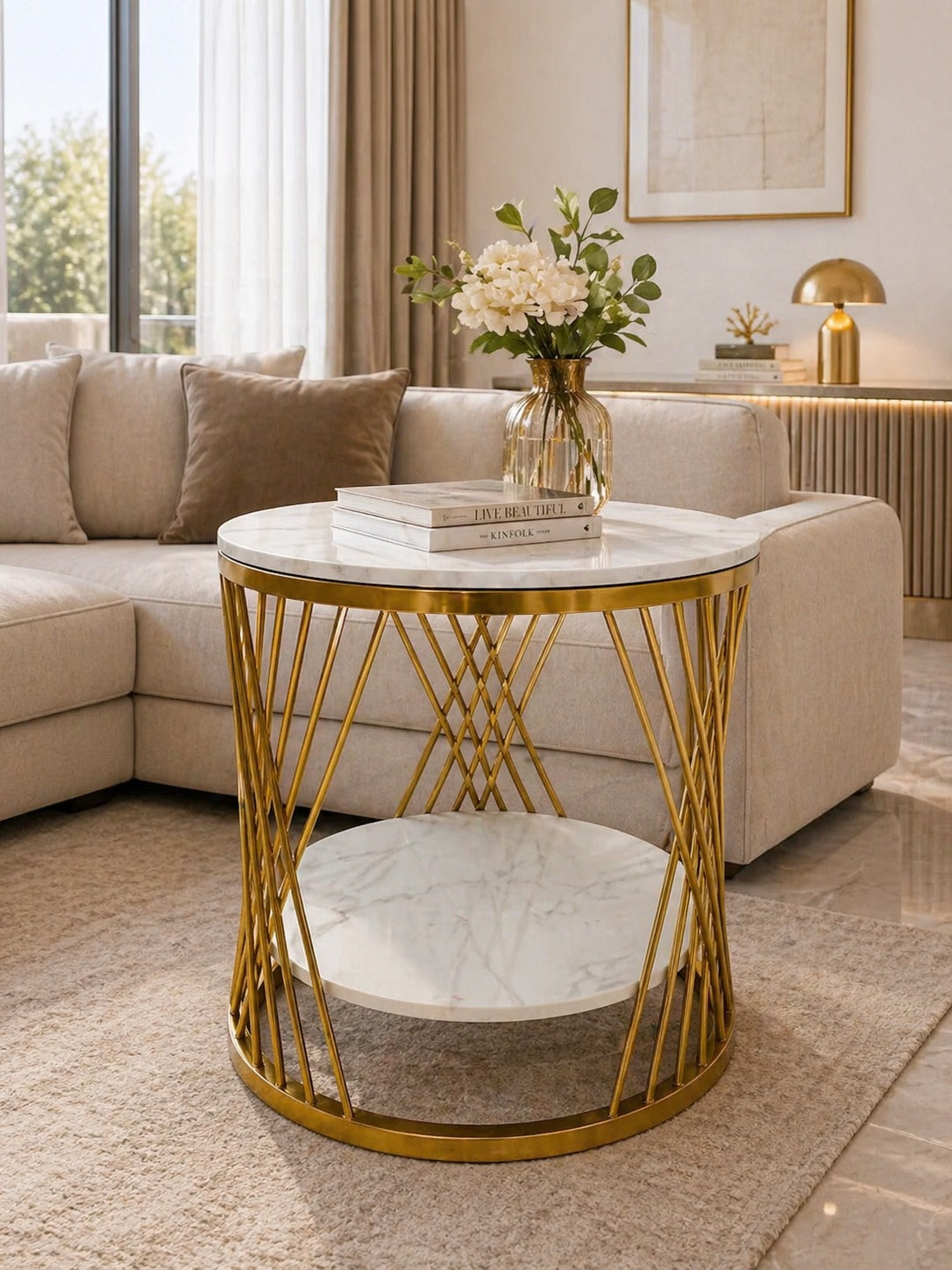 Măsuță cafea model 113, auriu cu blat tip marmură, design clepsidră Modern Glam