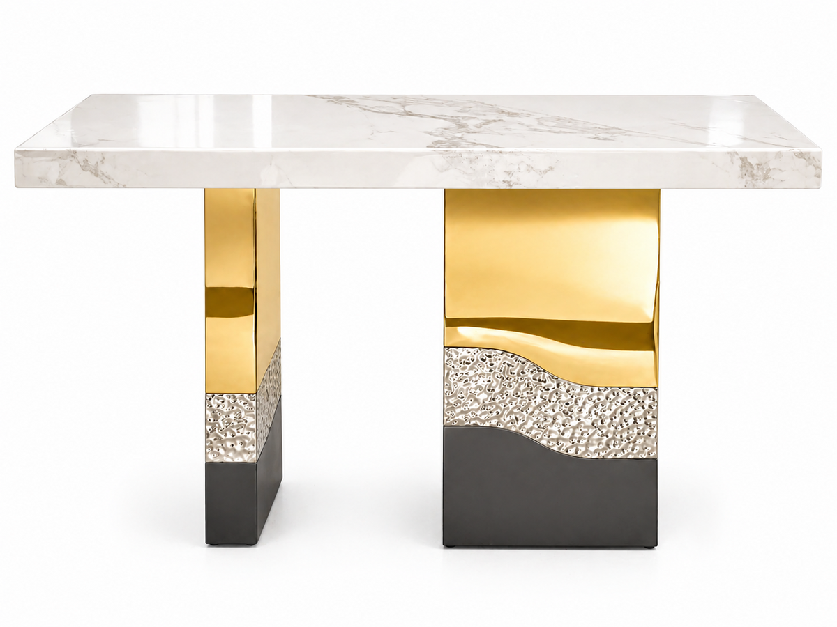 Măsuță consolă 140 cm aurie, blat gros 6 cm, design modern