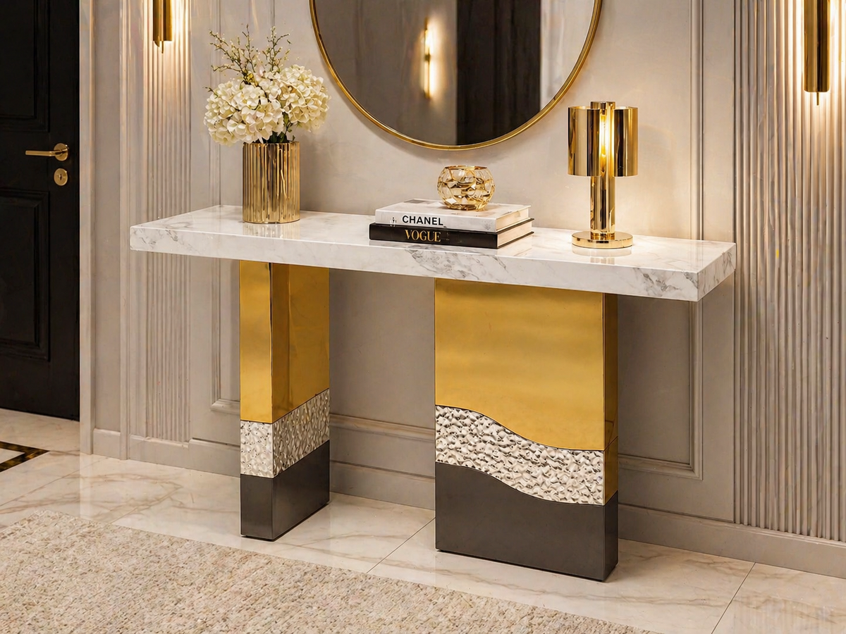 Măsuță consolă 140 cm aurie, blat gros 6 cm, design modern