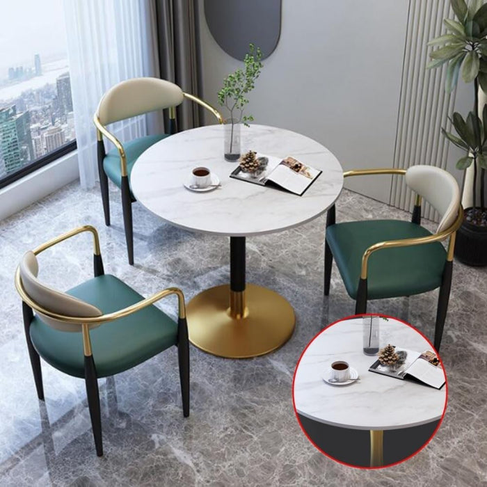 Masă rotundă 066, blat compozit marmură albă cu vene gri, bază metalică negru-auriu, Ø80 cm