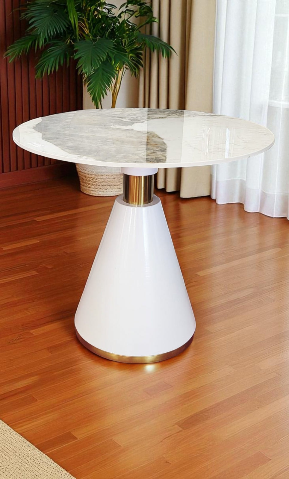 Masă rotundă de cafea 69, blat marmură albă, bază conică alb-auriu, Ø80 cm