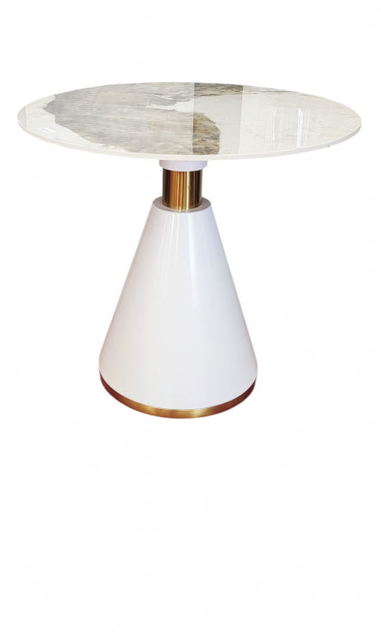 Masă rotundă de cafea 69, blat marmură albă, bază conică alb-auriu, Ø80 cm