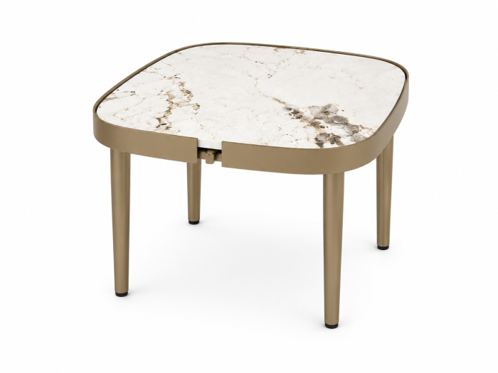 Măsuță de cafea 853 S, blat compozit marmură albă cu striații și picioare metalice aurii, pătrată 55x55 cm