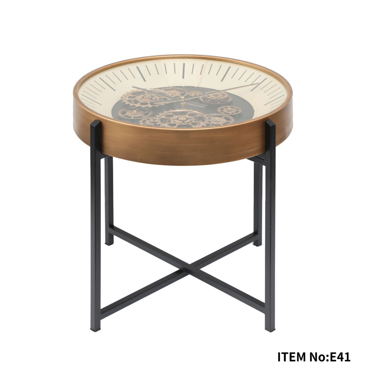Măsuță de cafea E41, blat sticlă cu ceas, picioare metal, cadru lemn, Ø48xH52 cm