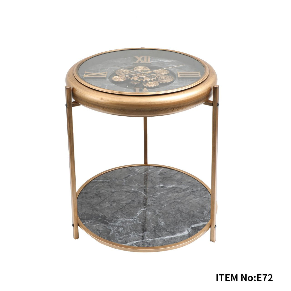 Măsuță de cafea E72, sticlă cu ceas integrat, metal auriu, Ø52xH70 cm