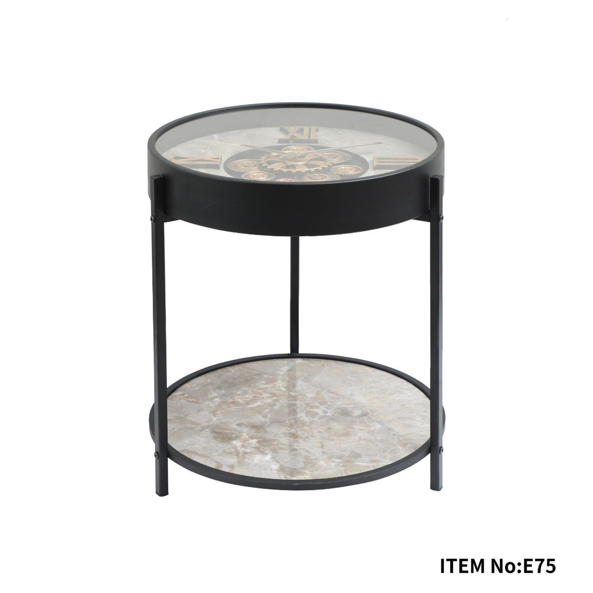Măsuță de cafea E75, sticlă cu ceas integrat, metal negru, Ø50xH58 cm