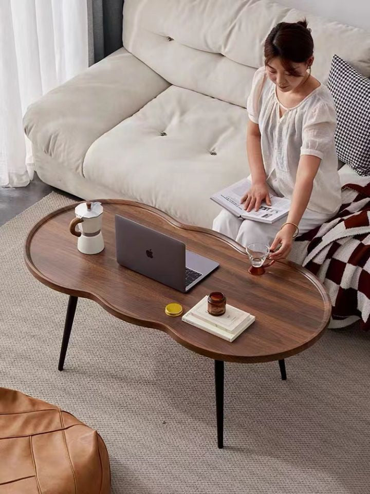 Măsuță Cafea YM086, Aspect Lemn Maro și Metal Negru, Design Floral Oval, 100x60 cm